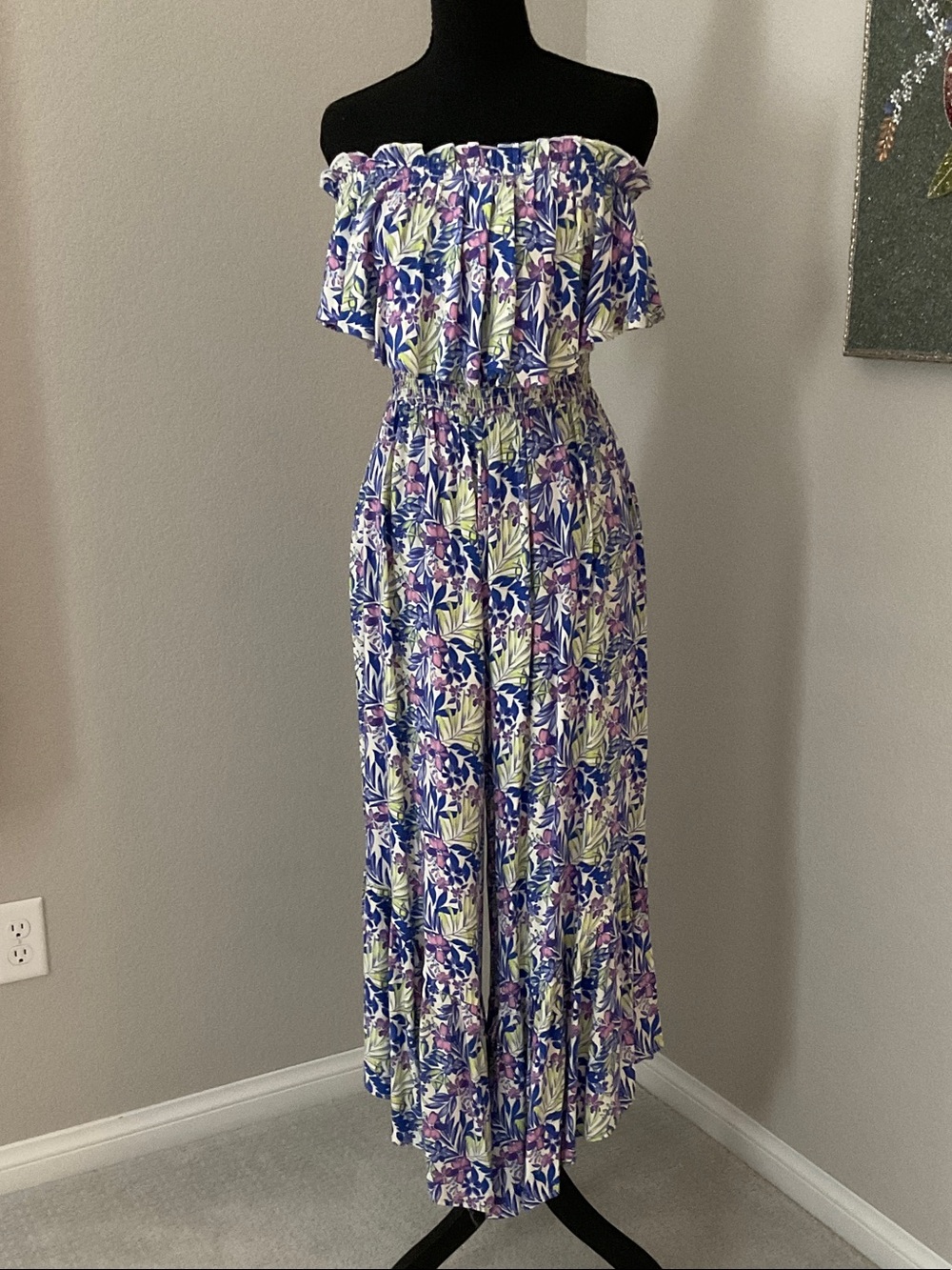 Lush Off-Shoulder Floral Jumpsuit in Blue, Purple & Green